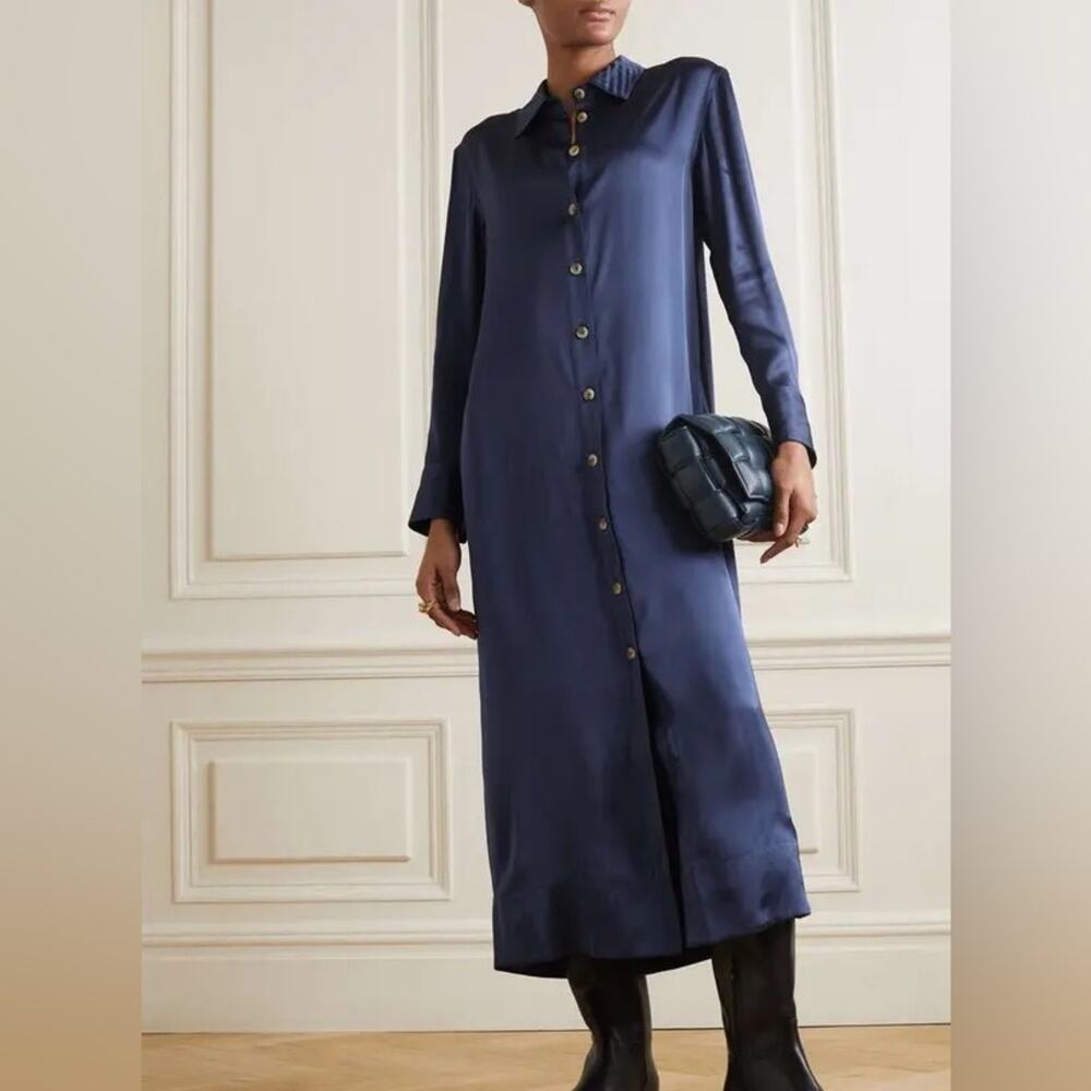LouLou Studio Ara Navy Satin Maxi Shirt Dress Modern Minimalist Sz M